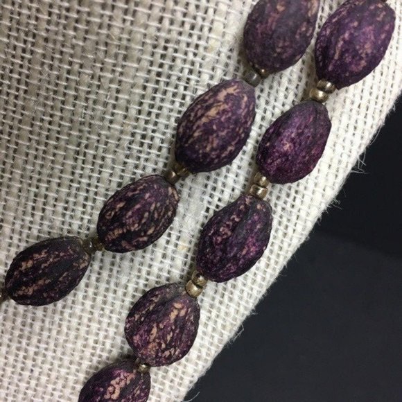 Real Seed Bead Necklace Long Purple Gold Brown Retro Organic BoHo - Picture 3 of 5